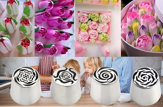 Russian Piping Tips Set 2PCS Stainless Steel Cake Decorating Kit for 3D Flowers Roses Extra Large Icing Nozzles Flower Tips Baker Tools for Wedding Birthday Cakes Cupcakes Cookies (Silver A-4)