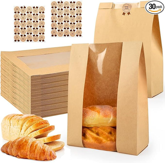 30 Pcs Bread Bags for Homemade, ROOKEA Sourdough Bread Bags with Window for Baked Paper Packaging with Sealing Stickers Bakery Cookie Food Snack Storage Large Kraft Paper 13.7x8.2x3.5 inch