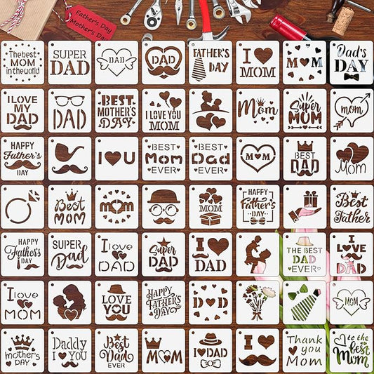 Augshy 56pcs Father's Day & Mother's Day Stencils, 3x3 Inch, Reusable, PET Material, Artistic Crafts & Home Decor