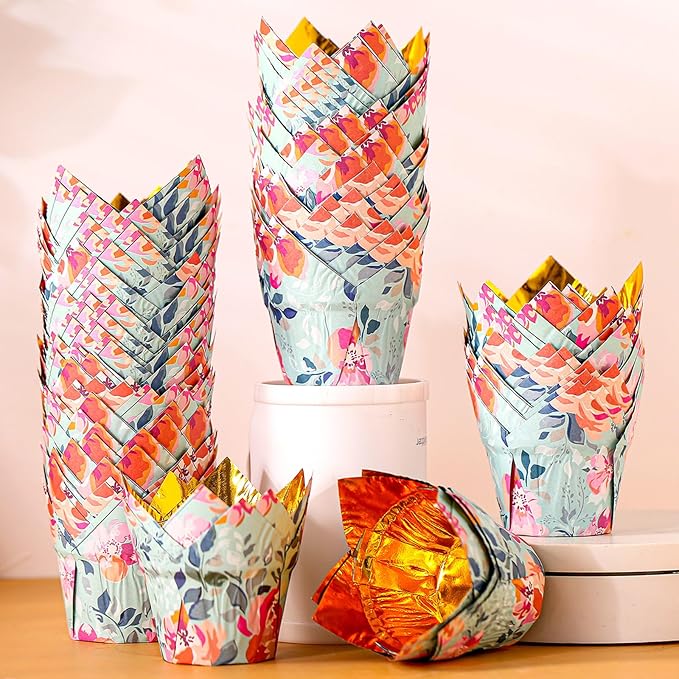 Flower Tulip Cupcake Liners Wrappers Baking Cups Cupcake 100 Pcs Food Grade Gold Foil Green Floral Design for Bridal Shower Wedding Festival Party