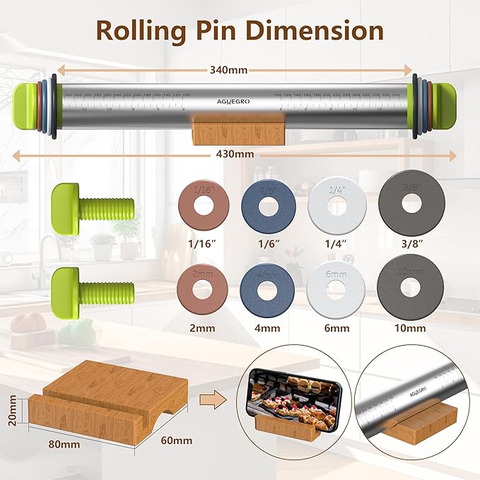 Stainless Steel Rolling Pin with Thickness Rings and Wooden Stand Dough Thickness for Baking, Fondant, Pizza, Pie Crust, Cookies, Pastries, 13.6" Rolling Pin with 4 Multi-Color Thickness Rings