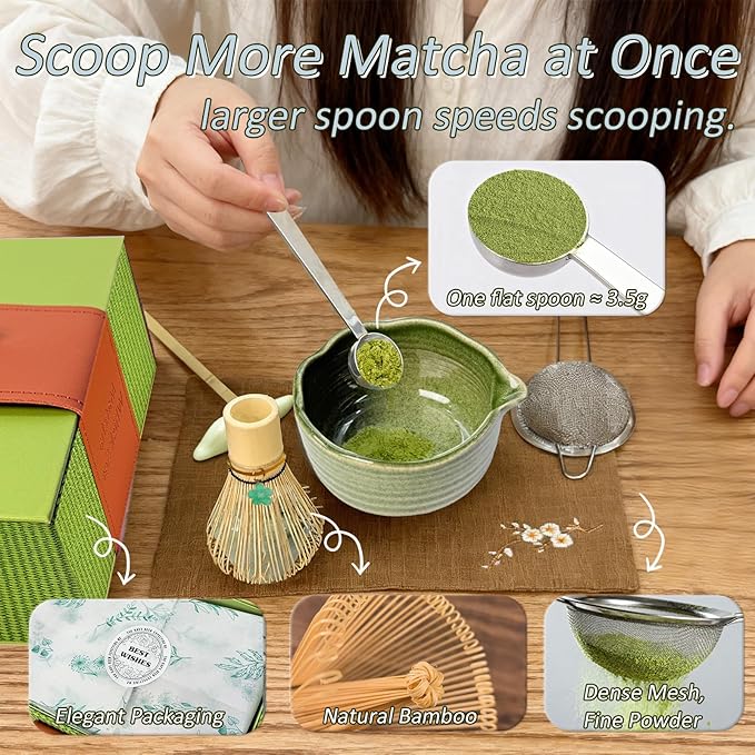 8Pcs Matcha Whisk Set, Matcha Set Includes Ceramic Matcha Bowl, Whisk and Holder, Bamboo Scoop, Scoop Rest, Sifter, Measuring Spoons and Tea Towel Tea Kit Gift Set for Women (Green)