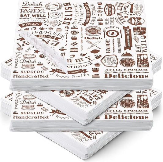 Marspark Deli Wax Paper Sheets 12 x 12 Inches Square Grease Resistant Tray Basket Liners Hot Dog Wrappers Newsprint Water and Grease Proof Sandwich Wrapping Paper for Food Baking(Brown White,200 Pcs)
