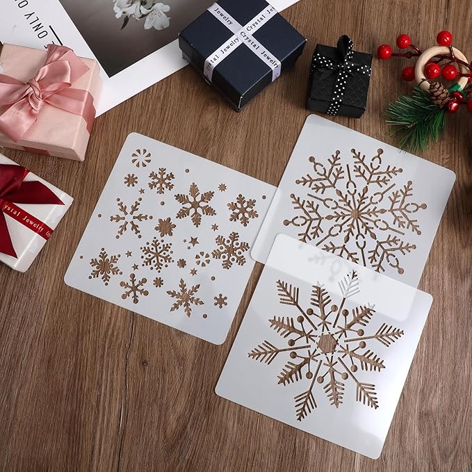 8 Pcs Christmas Snowflake Stencil Template, Reusable Plastic Drawing Painting Stencil Winter Holiday Templates Stencils for Window Glass Wall Door Card Scrapbook Notebook Holiday Xmas Snow Flake