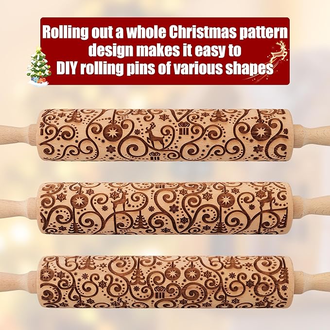 17" Premium Wooden Rolling Pins for Baking with Reindeer Embossed Designs | 3mm Deep Springerle Cookie Molds | Christmas Rolling Pin & Baking Gifts for Women | Includes 3-in-1 Cleaning Brush