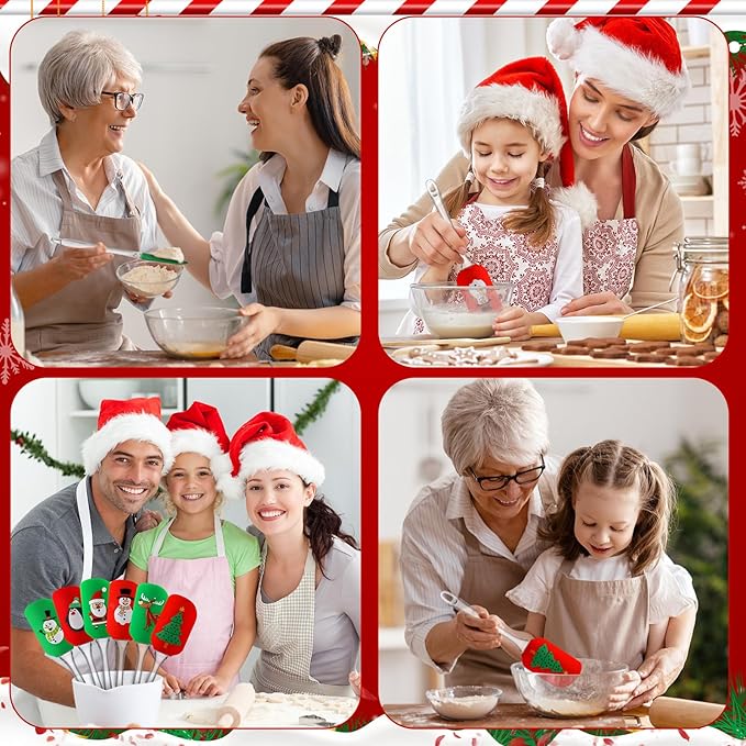 Layhit 12 Pcs Christmas Silicone Spatula Xmas Decorating Pattern Spatula with Plastic Handle Christmas Kitchen Utensils Holiday Cute Pan Scraper for Cake Cooking Baking Cookie Mixing Stir Butter Cream