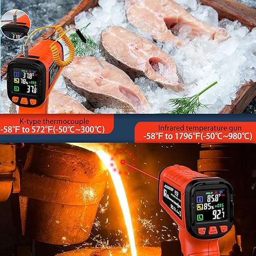 Infrared Thermometer Gun for Cooking, Include K-Type Probe for Humidity, -58°F to 1796° F Digital Laser Temperature Guns, 16:1 IR Temp Gun for Griddle, Pizza Oven, Engine, HVAC, Industrial & Home Use