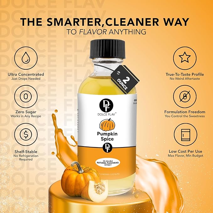 Dolce Flav Natural Pumpkin Spice Extract – 1 Gallon Oil-Soluble Kosher, Sugar-Free, Concentrated Warm Pumpkin Spice Flavoring for Baking, Smoothies & Desserts