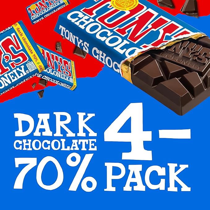 Tony’s Chocolonely Belgian Dark Chocolate Halloween Candy Bar, Pure Chocolate Bar for Snacks, Party Favors, Gifts, or Gift Basket, Vegan, 70% Cacao, Made From Quality Fairtrade Cocoa, 6.35 Oz, 4 Bars