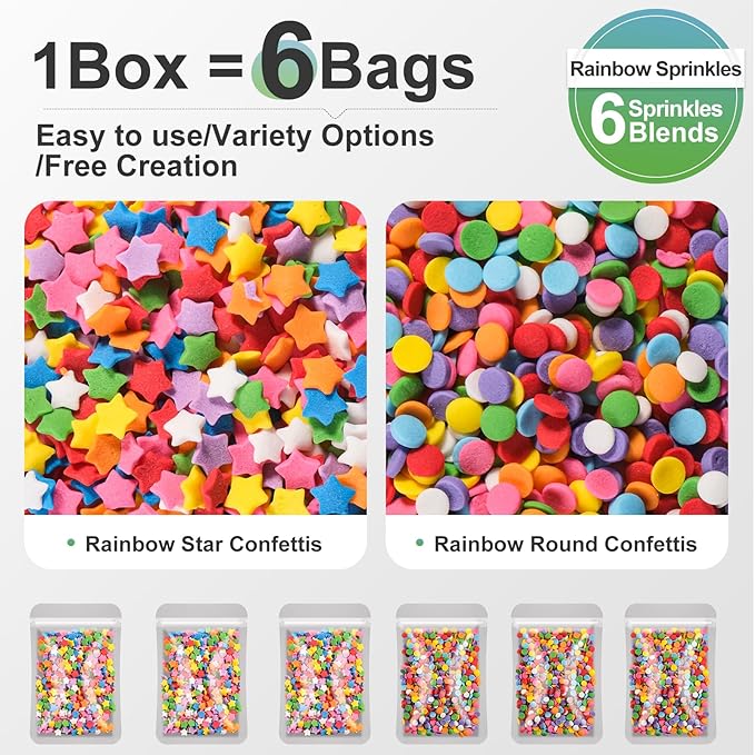 HUEBEATY 6-in-1 Neon Rainbow Confetti Sprinkles Bulk – 180g/6.35oz Star & Round Edible Sprinkles for Cake Decorating, Cupcakes, Cookies, Ice Cream & Desserts – Colorful Party, Easter & Birthday Cake Sprinkles and Topping Decorations