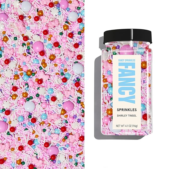 Fancy Sprinkles Limited Edition Holiday Shirley Tinsel Sprinkles Crunchy Jimmies, Candy Bows, Snowflakes, and Chocolate Gems (0.5c)