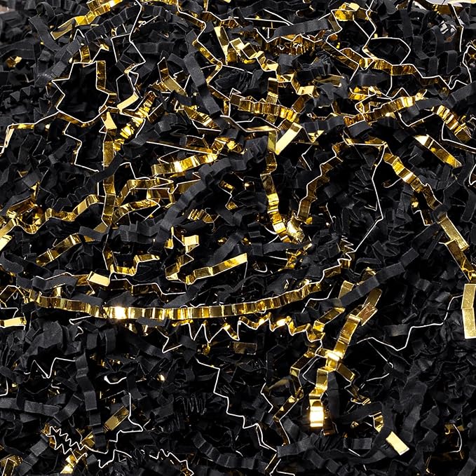 Mefleet 2 LB Crinkle Cut Paper Shred Filler Black & Gold Crinkle Shredded Paper for Gift Box - Gift Basket Bag Filler - Grass Cushion Stuffing for Christmas Holiday Packaging Wrapping
