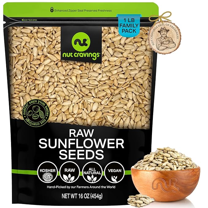NUT CRAVINGS - Raw Sunflower Seeds Kernels to eat, Unsalted, Shelled Hulled, (16oz - 1 LB) Bulk Nuts Packed Fresh in Resealable Bag - Kosher Healthy Snack, Food Assortments Ideal for Trail Mixed Nuts