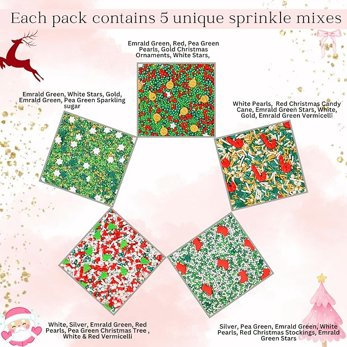 Confect Christmas Sprinkles | Christmas Sprinkles - Green White Silver Red & Gold Pearls Sparkling sugar I Christmas Tree Stocking & Candy Canes for Dessert Decorating- 5 Oz