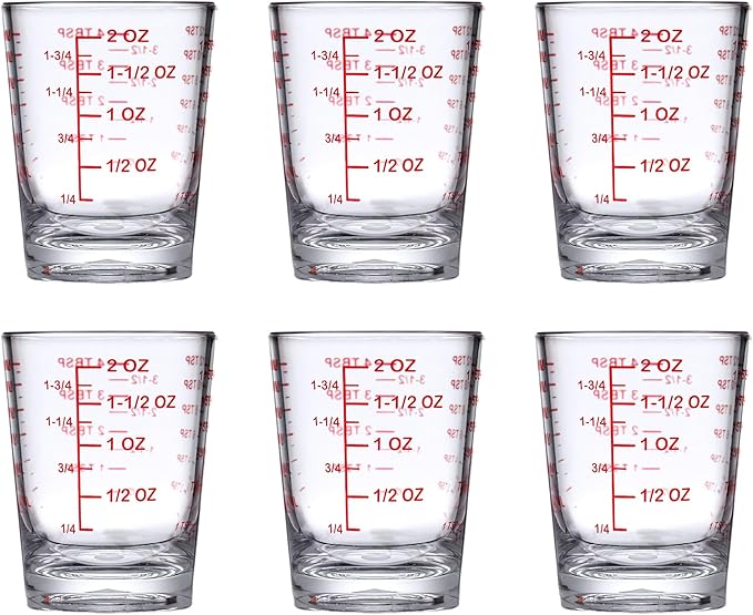 Amazing Abby - Melinda - 6-Pack Plastic Measuring Cups, 2-Ounce Unbreakable Shot Glasses, Food-Grade Measuring Jugs, Stackable and Dishwasher-Safe, Great for Espresso, Liquor, and More