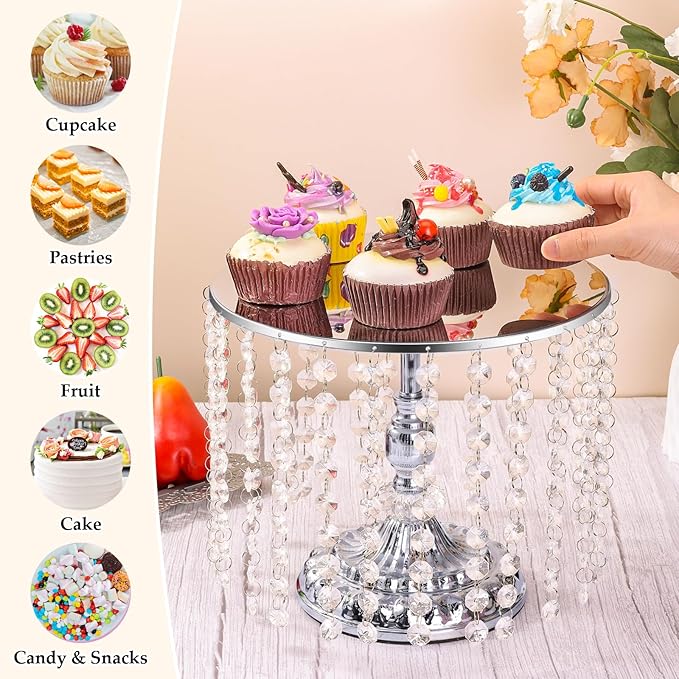 12 Pieces Silver Cake Stand Set, Vintage Cake Display Stand with Crystal Edge and Cupcake Display Tray, Dessert Table Display Set for Wedding Party Baby Shower Anniversary Celebration