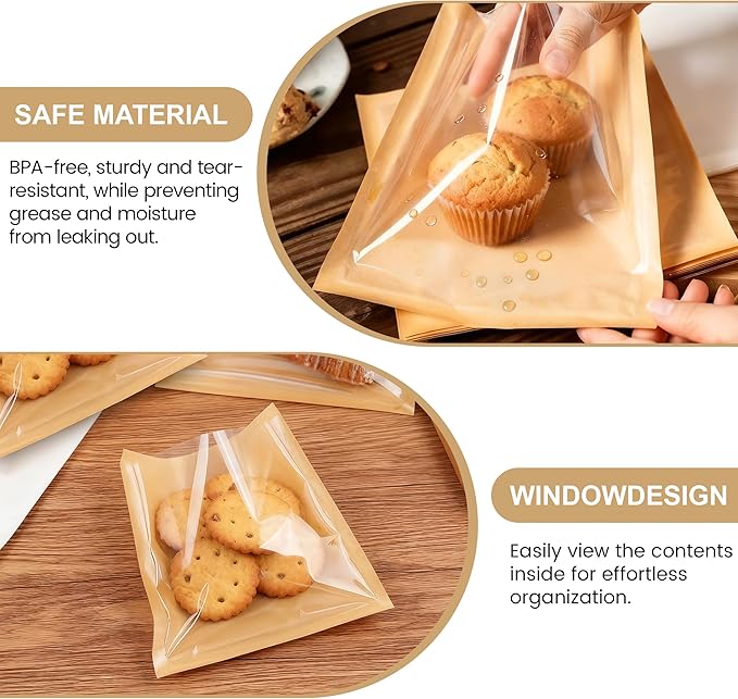 120 Pack Cookie Bags with Seal and Stickers, 5.7 x 6.5 Inch Paper Bakery Bags with Window, Heat-Sealable, Greaseproof Paper Bags Perfect for Treat, Donuts, Cake Slices, Scones, and Brownies