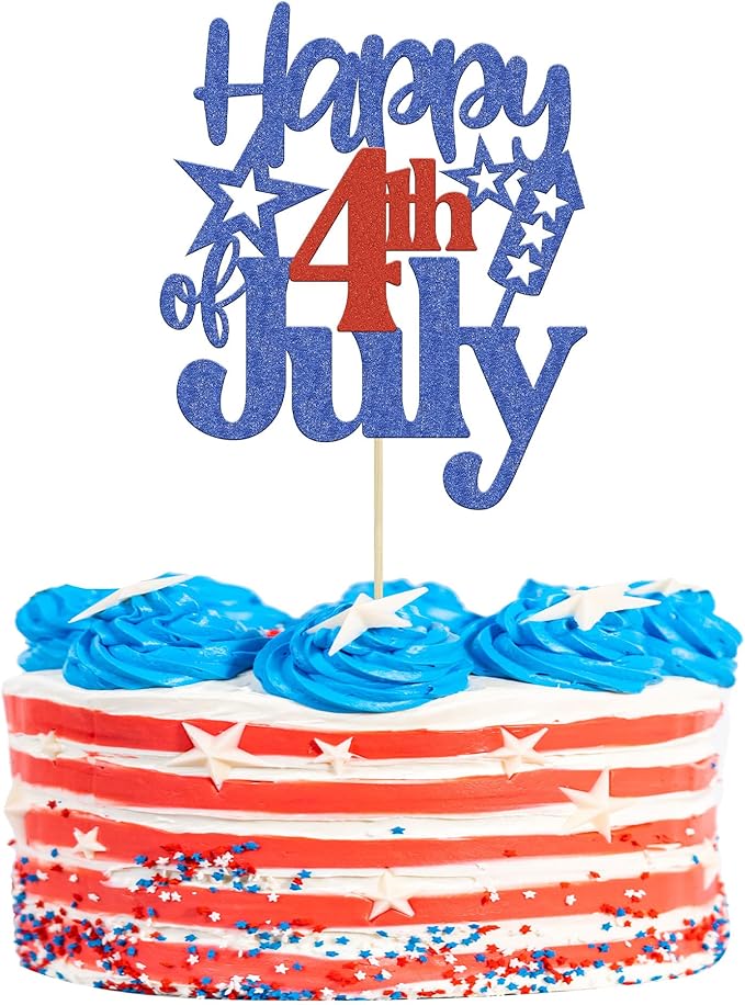 1 Pack Happy 4th of July Cake Topper Red and Blue Glitter Independence Day Cake Pick Decorations for American National Day Patriotic Party Supplies