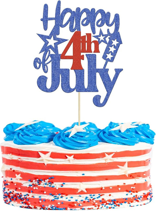1 Pack Happy 4th of July Cake Topper Red and Blue Glitter Independence Day Cake Pick Decorations for American National Day Patriotic Party Supplies