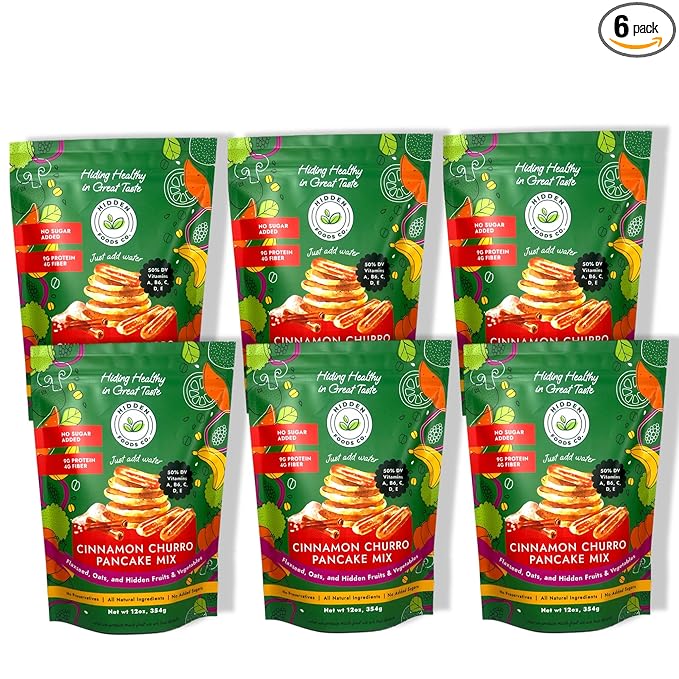 Hidden Foods Cinnamon Pancake Golden Brown Monk Fruit Cinnamon Bun Pancake - Fiber and Protein Churro Pancake Mix with Wheat & Oat Flour Blend of Vegetables - Fully Fiber Waffle Mix Meal 6 Pack