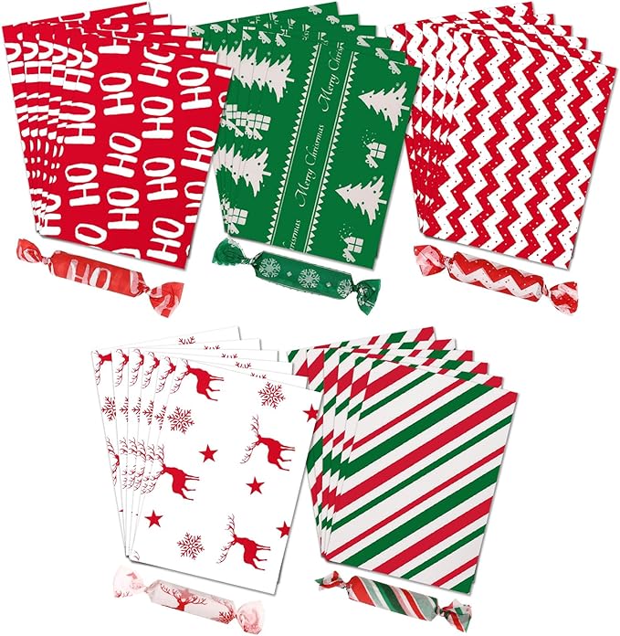 600Pcs Christmas Candy Wrappers, 6 Different Styles Christmas Caramel Chocolate Wrapper Tissues Xmas Greaseproof Twisting Wax Homemade Wrapping Paper for Candy Packaging Christmas Birthday Party
