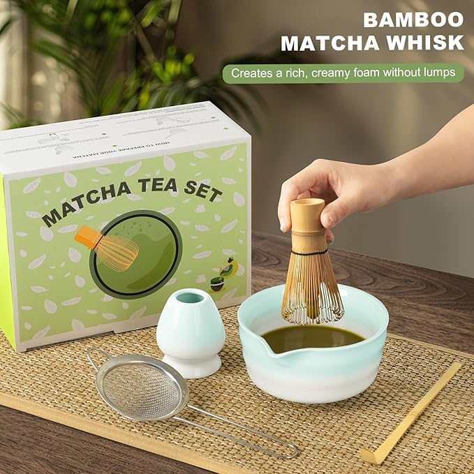 Matcha Whisk Set,Ceramic Matcha Kit Set Includes Bowl with Spout, Whisk,Holder,Bamboo Scoop and Sifter,5 pcs Matcha Tea Kit for Matcha Lovers, Ideal Gift Christmas, Birthday (Green gradient)