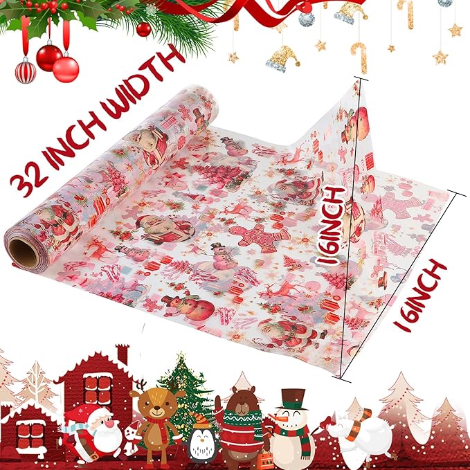 Kolewo4ever 100 Ft X 32 inch Pink Christmas Cellophane Wrap Roll Vintage Xmas Cellophane Wrap with Special Santa Claus Elk Xmas Tree for Christmas Gift Basket,Treat Wine