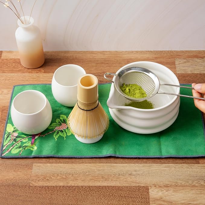 Matcha Whisk Set- Matcha Set includes Matcha Whisk and Bowl (Bowl with Spout), Sifter, Holder and Scoop- The Perfect Bamboo Whisk for Matcha Tea (White- 7PC)