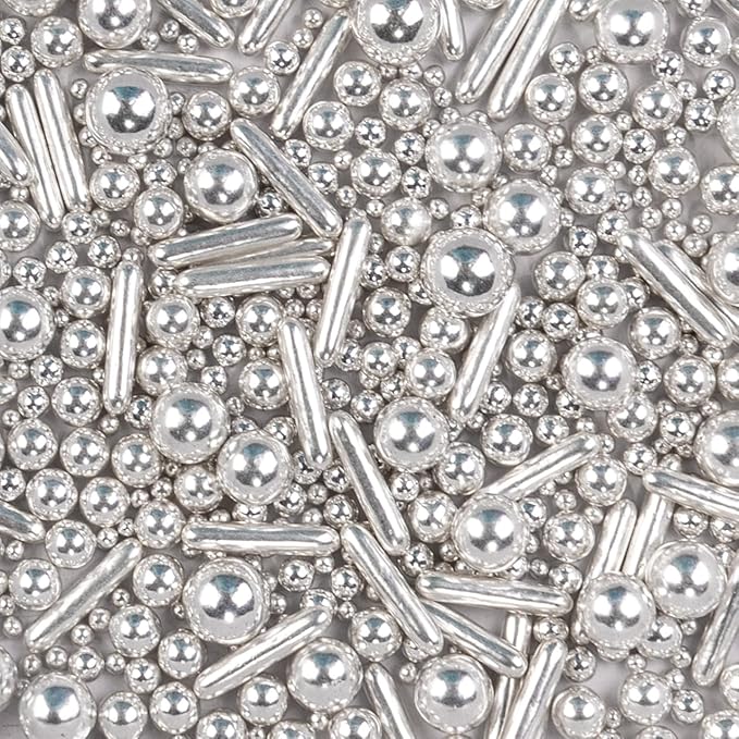 Dazzjoy Silver Pearl Rods Sprinkles, 130g/4.58oz, Mix Size, Pearl Sprinkles for Cupcake Decorating, Cupcake Toppers, Cake Decorations, Ice Cream, Wedding Party Valentines Easter Supplies