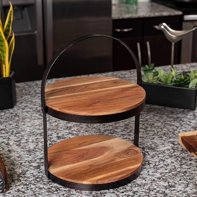 BIRDROCK HOME 2-Tier Cupcake and Cake Stand with Handle - Rustic Wood & Iron Dessert Serving Tray - Farmhouse Style Table Display for Cookies, Appetizers, and Treats - Round, Modern, Decorative
