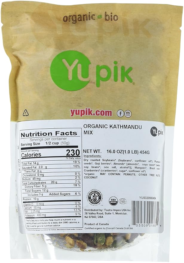 Yupik Organic Kathmandu Mix, 1 lb (16 oz), Pack of 6, Gluten-Free, Vegan, Non-GMO, Colorful Dried Fruit, Seeds, Beans, & Nuts with Goji Berries, Mango, Brazil Nuts, Pumpkin Seeds, & Tamari Almonds