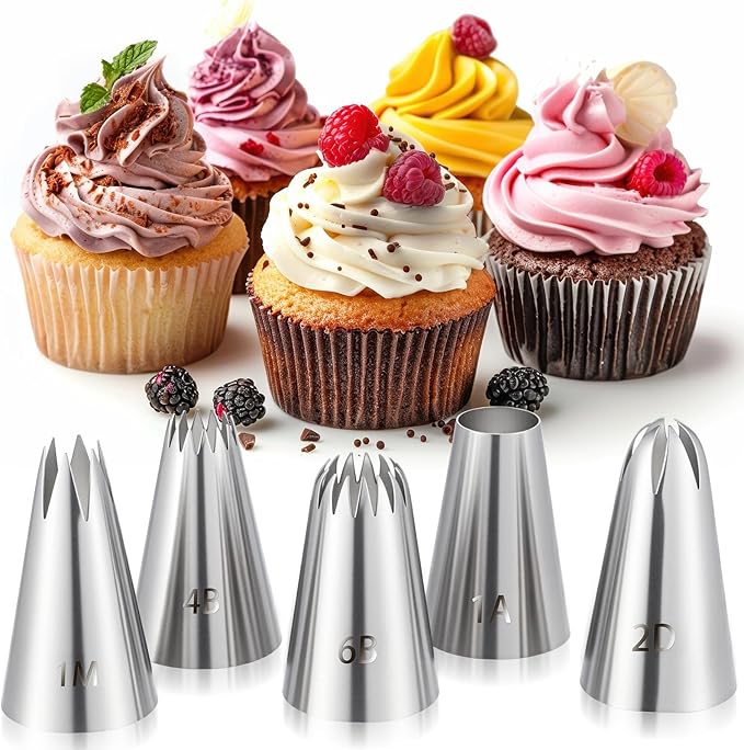 5 Pcs Cake Piping Tips, 1M 4B 6B 2D 1A frosting tips Stainless Steel Cakes Decorating Tip Set Large Piping Nozzles Baking Tools for Buttercream Icing Birthday Cake Cupcake DIY Art