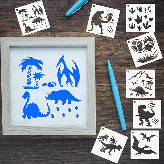 80 Pcs 4 x 4 Inch Stencils for Painting on Wood, Reusable Dinosaur Animal Mountain Plastic Stencils DIY Craft Paint Template Set for Wall Card Rock Home Decor
