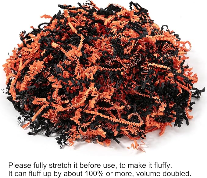 Mefleet 1 LB Halloween Crinkle Cut Paper Shred Filler Black & Orange Crinkle Shredded Paper for Gift Basket - Gift Box Bag Filler - Grass Cushion Stuffing for Halloween Packaging Wrapping