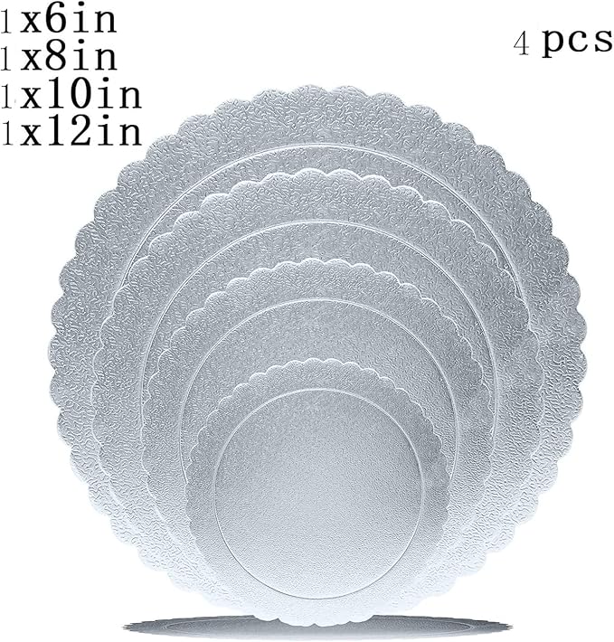 Goiio 4 Pack Cake Boards, Scalloped Cake Circle Base, 6, 8, 10, 12 Inch Cake Base Cardboard 1 of Each Size Set for Baking Cake, Silver