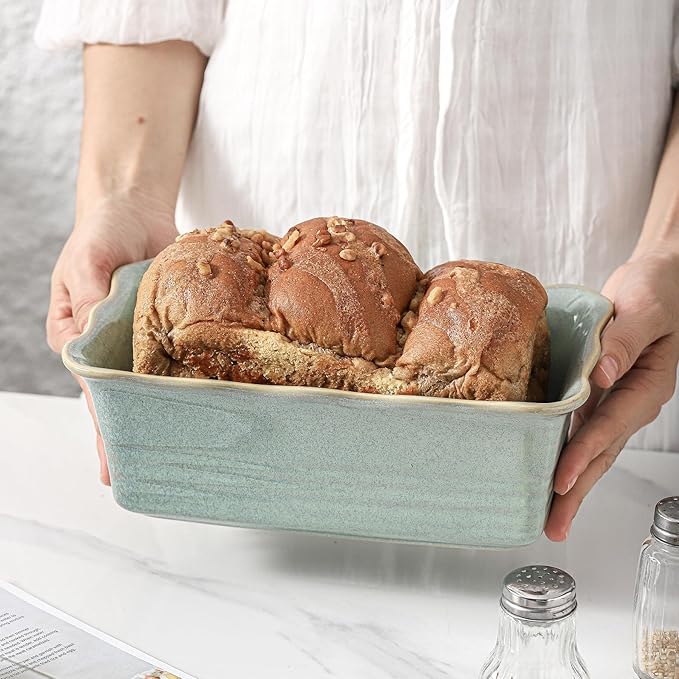HVH Ceramic Loaf Pan for Baking Bread, Rectangular Baking Bread Loaf Pan, 9 x 5 inch Bread Pan, Bread Baking Pan for Cooking, Wave Series, Farmhouse Style (Turquoise)