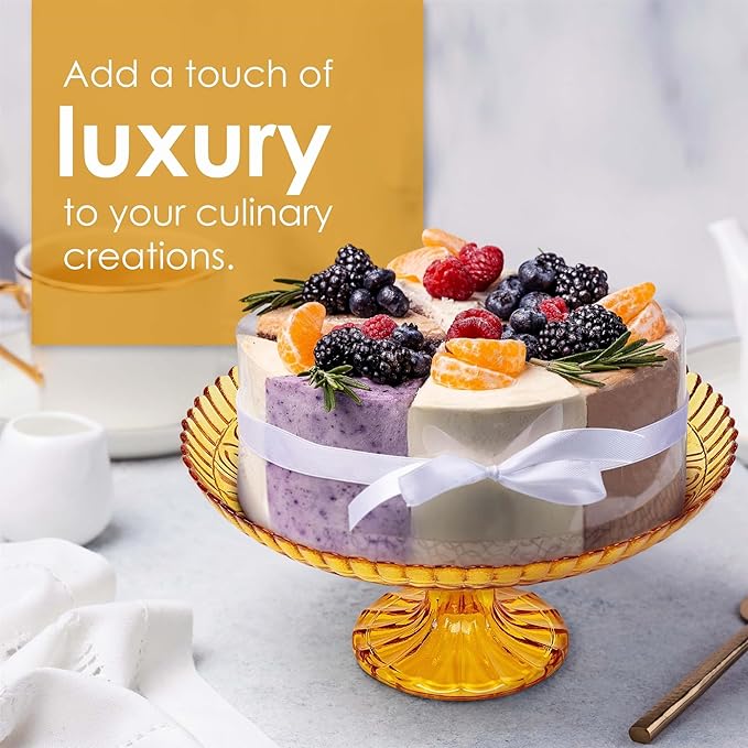 Amici Home Flower Footed Glass Cake Stand | Round Vintage Style Cake Plate | Serving Platter for Cupcakes, Cookies | Dessert Display Stand for Parties, Weddings, and Gift | 10” D x 4” H (Amber)