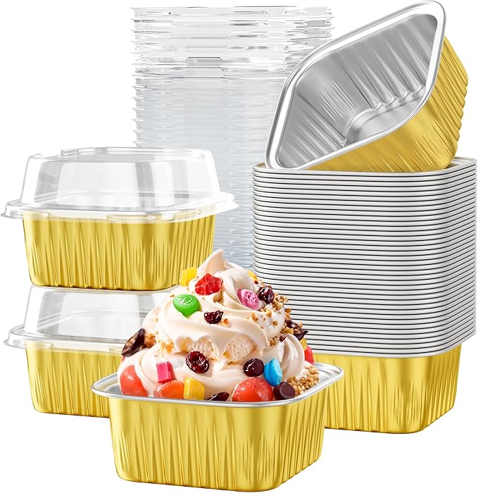 40 Pack 5 OZ Mini Cake Pans with Lids, Disposable Square Aluminum Foil Brownie Baking Cups, Mini Aluminum Foil Cupcake Muffin Tin Ramekins, Flan Molds Cake Containers for Wedding Birthday Party