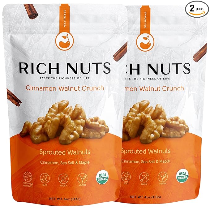 Rich Nuts Cinnamon Walnut Crunch Gourmet Sprouted Walnuts | Vegan, Organic, Paleo, Keto | Cinnamon, Maple Syrup, Maca & Sea Salt | Non-Roasted, Dehyrdated, Germinated, Raw & Whole | 4 Oz Bag (2 Pack)
