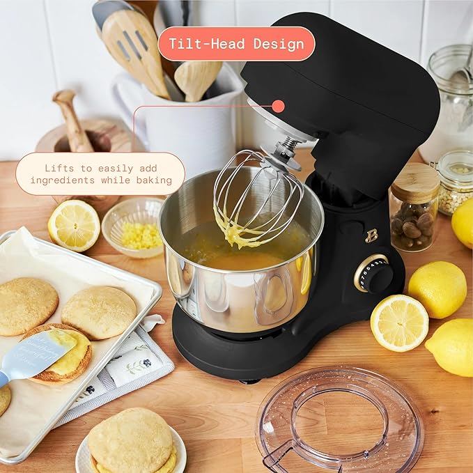 Beautiful 3.5 Qt Tilt-Head Stand Mixer | 12-Speed 300 W Motor | Stainless Bowl Beater, Dough Hook & Whisk by Drew Barrymore (Black Sesame)