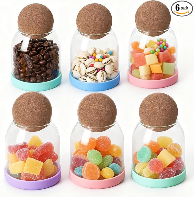 6 pcs Glass Storage Container with Ball Cork Glass Jars with Cork Lids Glass Food Storage Containers with Ball Stopper Coffe Canister for Oats, Coffee, Spices, Candies, Flour 17oz/500ML