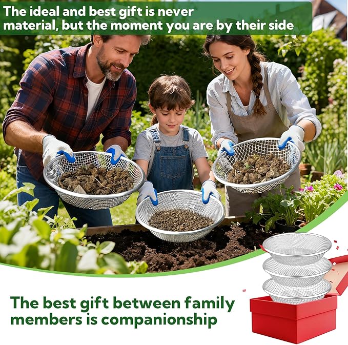 3PCS Soil Sifter for Gardening, Rock Sifter for 5 Gallon Bucket, Compost Dirt Sieve Set with Gloves – Filters Soil, Sawdust, Pebbles, Debris