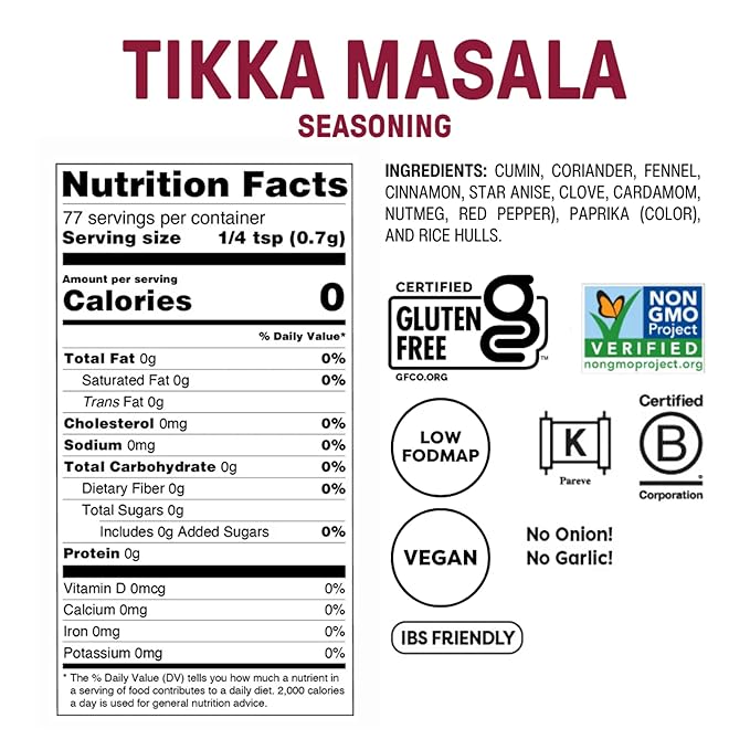 Fody Foods Tikka Masala Seasoning, 1.9 Oz, Garlic and Onion Free, Low FODMAP Certified, Gut & IBS Friendly, Vegan, Non-GMO, Gluten Free, Keto Friendly
