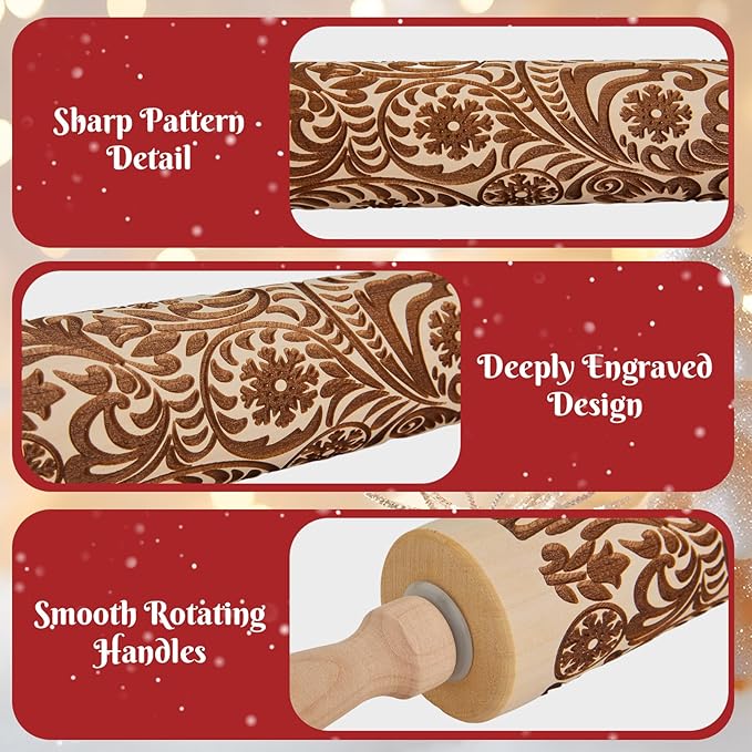 Gobam Embossed Rolling Pin for Cookies, Engraved Wooden Rolling Pin for Baking, Deep Pattern Cookie Roller for Christmas, Holiday, DIY Kitchen Decor and Gift - Snowflake