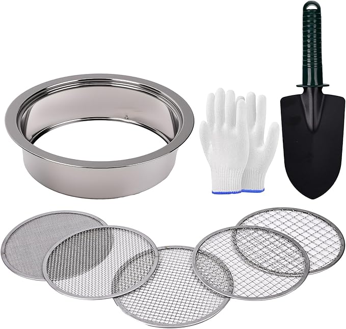 8PCS Soil Sifter Sieve Set - Rock Sifter, Sieve Fine Mesh Stainless Steel, Compost Sifter, with 1/3/6/9/12mm Sieve Mesh & Shovel & Gloves, Suitable for Screening Particulate Matter