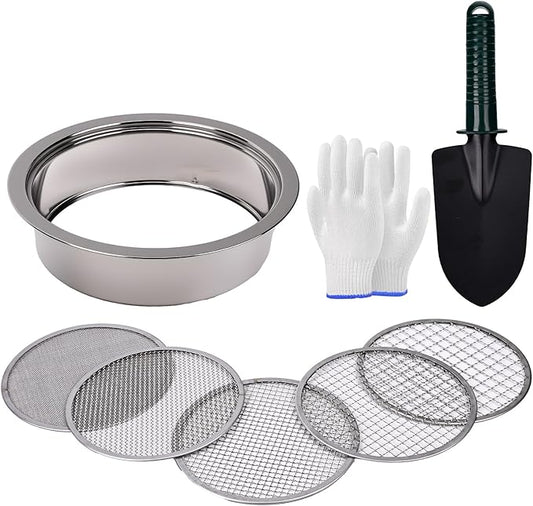8PCS Soil Sifter Sieve Set - Rock Sifter, Sieve Fine Mesh Stainless Steel, Compost Sifter, with 1/3/6/9/12mm Sieve Mesh & Shovel & Gloves, Suitable for Screening Particulate Matter