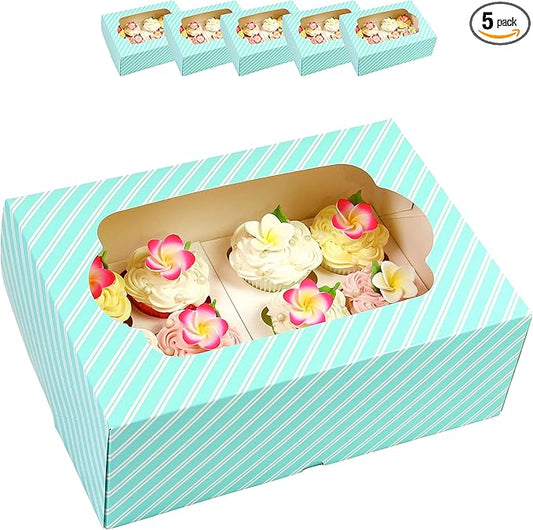 Global Sugar Art Auto-Popup Quarter Sheet Cake & 12 Cupcake Box with Window and Cupcake Inserts, Designer Blue Stripe 14 x 10 x 4 Inches, 5 Count
