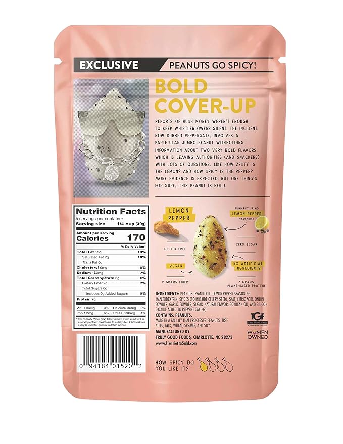 Henrietta Said Wing-Flavored Peanuts - Truly Good Foods Snacking Nuts - Bold Flavors - Savory & Spicy - Jumbo Flavored Peanuts - Protein Packed Vegan Snack - 4 (5-oz) Packs - Lemon Pepper