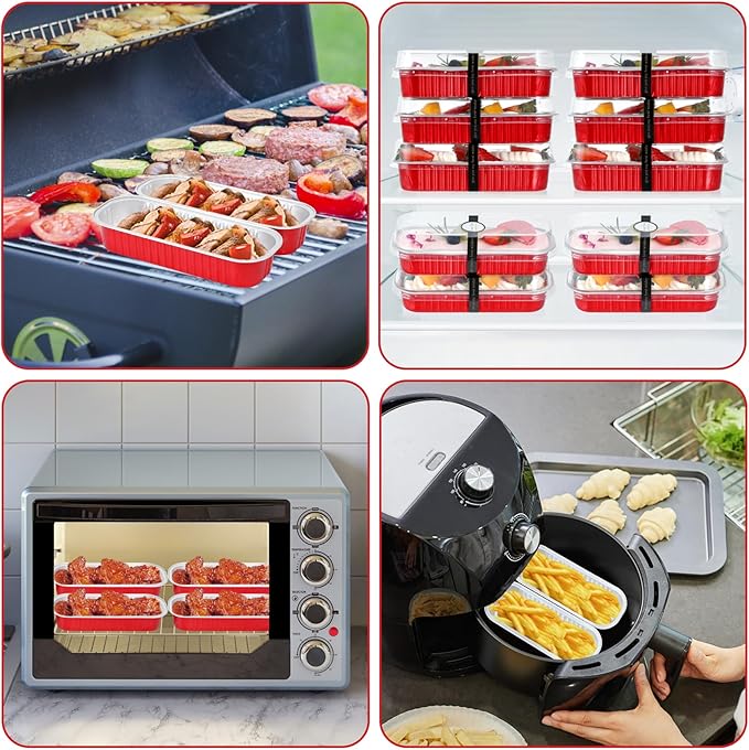 Mini Loaf Pans with Lids and Spoons (100 Pack, Red, 6.8oz) Rectangular Aluminum Foil Baking Pans
