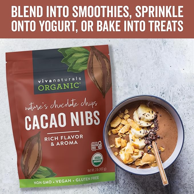 Viva Naturals Organic Cacao Nibs, Unsweetened, 2 LB (907 g), Keto Friendly, Vegan, Non-GMO, Gluten-Free Chocolate Chip Substitute